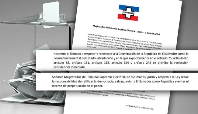 Arena pide a TSE "acaten la Constitución" y rechacen inscripción del presidente Bukele para reelección