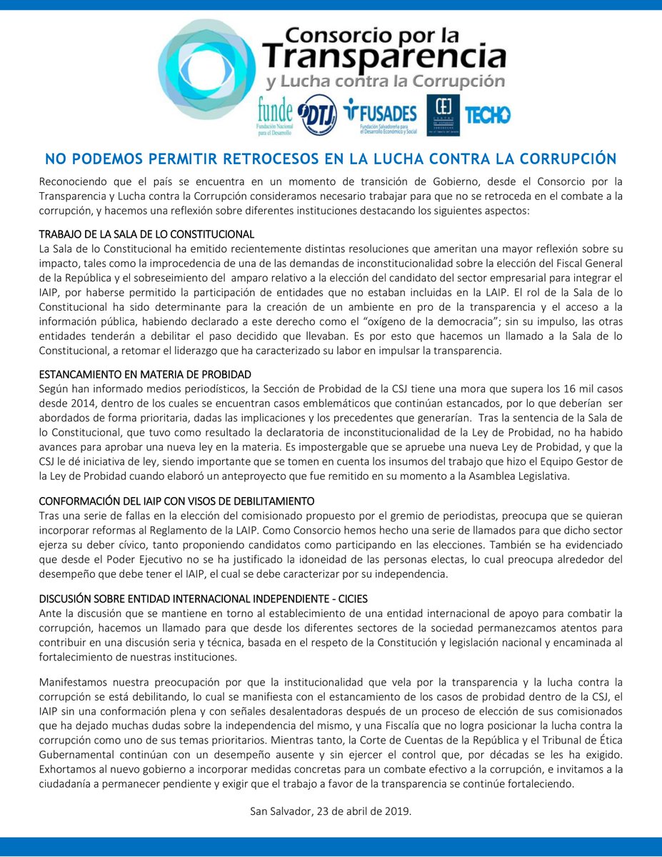 Se debilita lucha contra la corrupción en El Salvador dice Consorcio