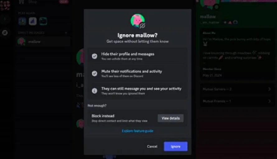 Discord permite ignorar los mensajes de usuarios específicos sin llegar a bloquearlos