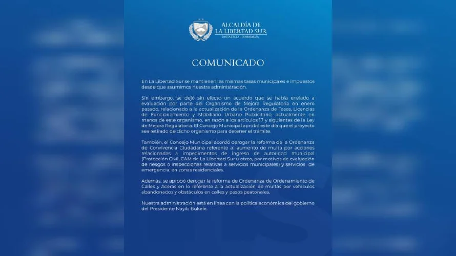 Tras advertencia de Bukele, Alcaldía de La Libertad Sur deroga reformas a ordenanzas que actualizaban multas