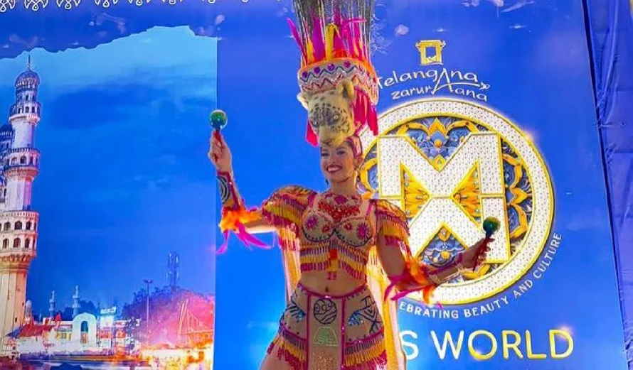La santaneca Sofía Estupinián da batalla en Miss Mundo 2025 en Telangana, India