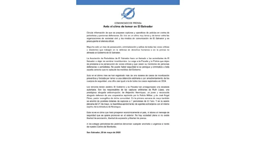 APES pide cese de persecución a periodistas y defensores de derechos humanos