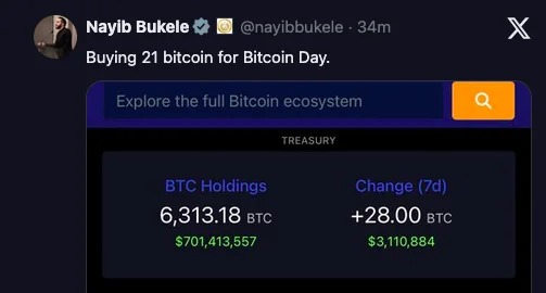 Bukele anuncia compra de 21 bitcoins en cuarto aniversario de Ley Bitcoin en El Salvador