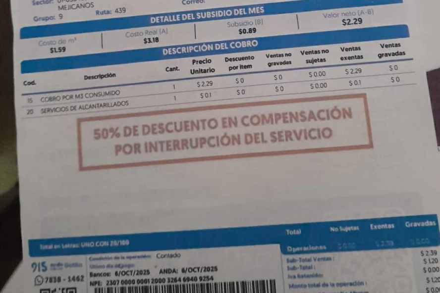 ANDA descuenta el 50 % del costo de la factura de septiembre por una semana de corte del servicio
