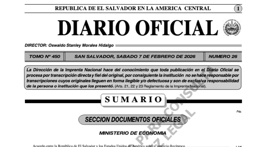 Diario Oficial salvadoreño publica acuerdo comercial con EEUU