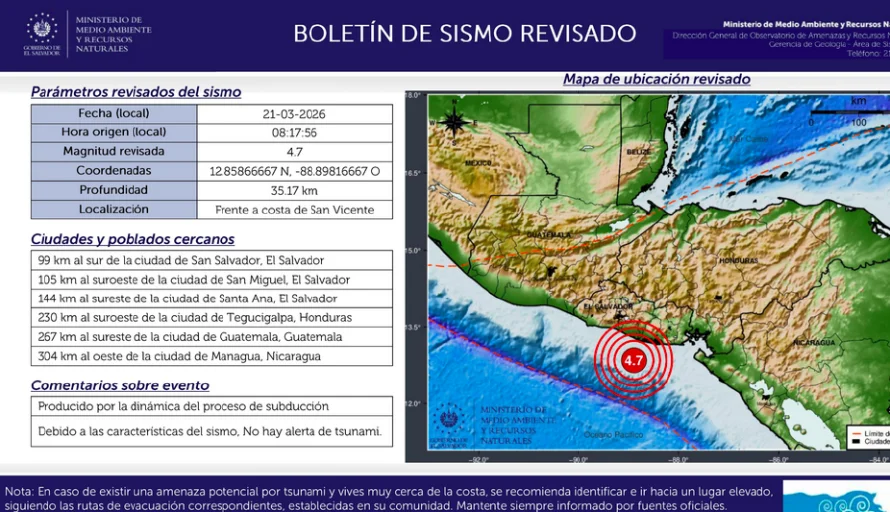 Sismo de 4.7 frente a la costa de San Vicente provocado por el proceso de subducción