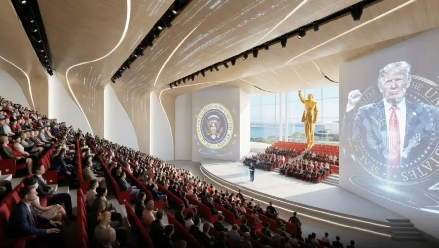 Trump comparte el rénder de su futura biblioteca con una estatua dorada gigante de él