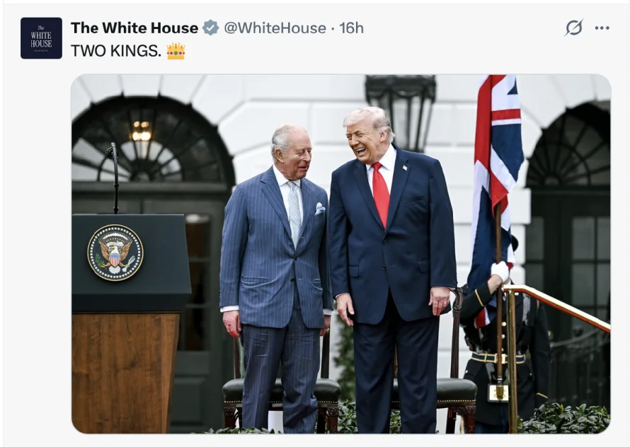 La Casa Blanca publica foto de Trump y Carlos III con el mensaje "dos reyes"