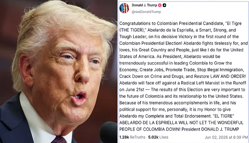 Trump anuncia su respaldo a candidato derechista De la Espriella para segunda vuelta colombiana