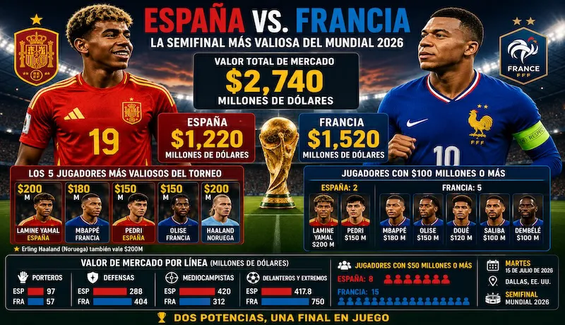 Las plantillas de España y Francia suman $2,740 millones, la semifinal más valiosa del Mundial